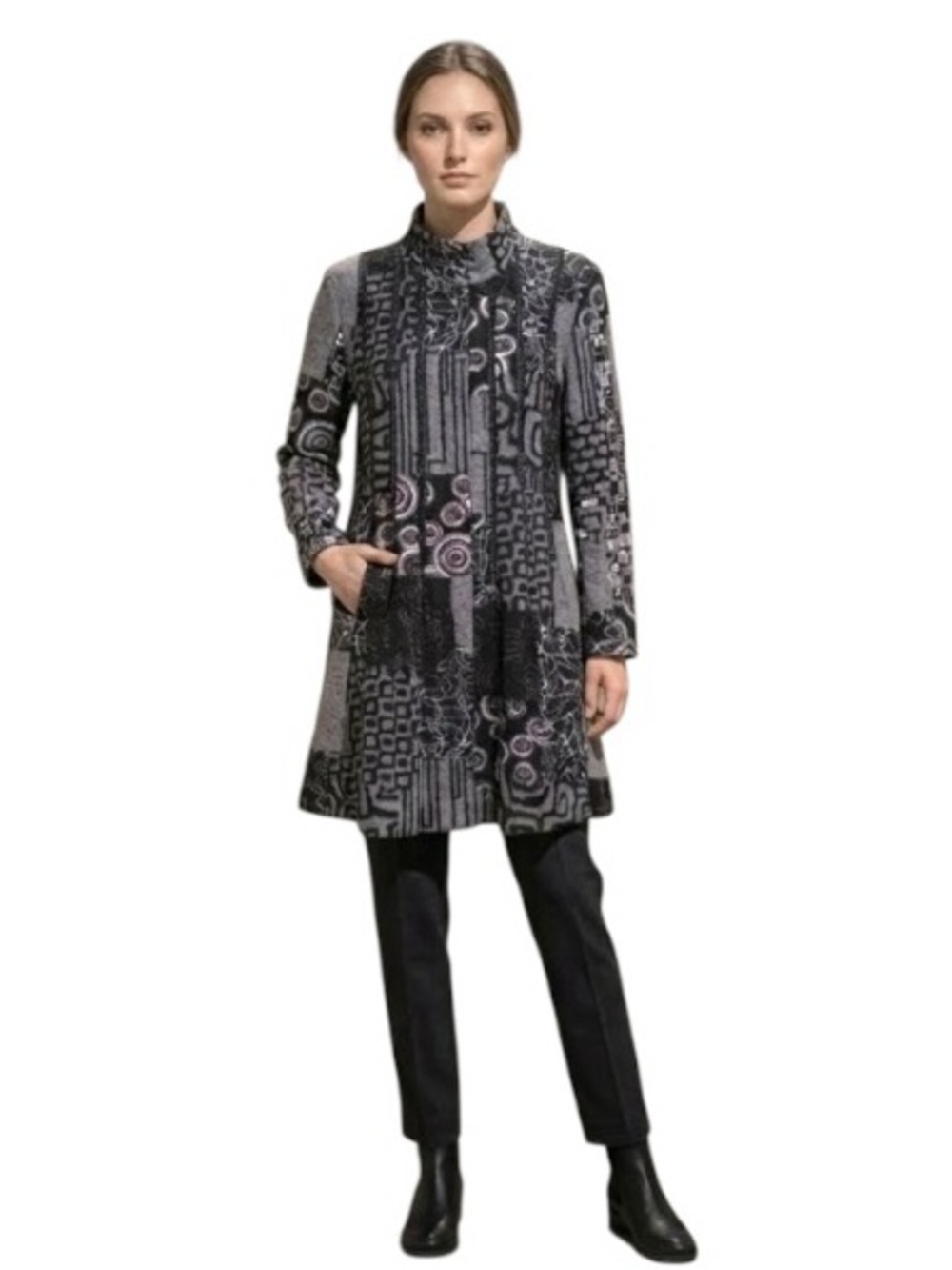 Simon Chang Transitional Trench Coat Wool Blend Black Gray Patterns Patch Artsy
